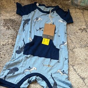 Kyte BABY Blue Shark Print One Piece stream shark short-all 2T
